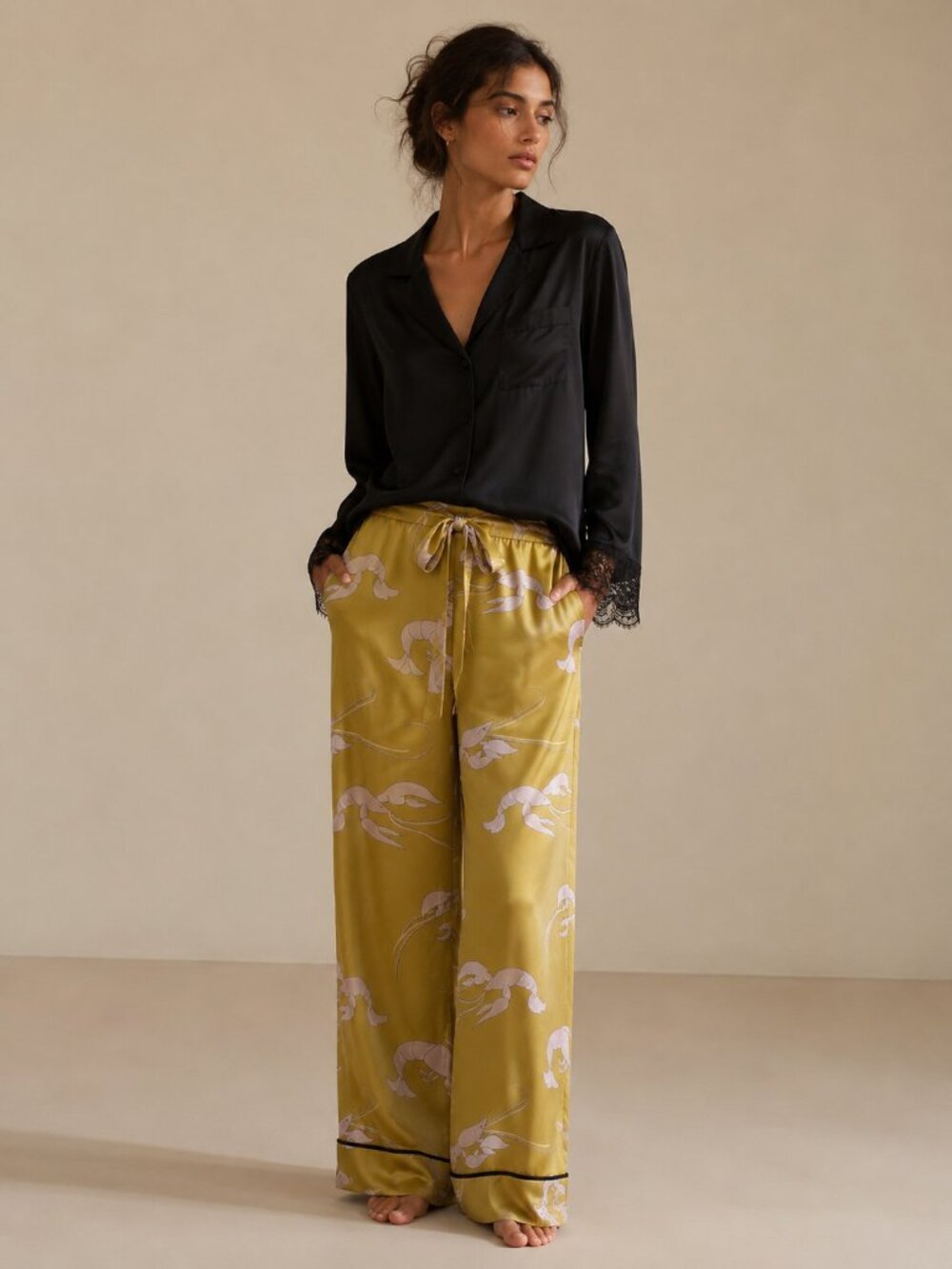 OLIVIA VON HALLE Daria 100% Silk Chartreuse Lobster Print Luxury Pajama Pants